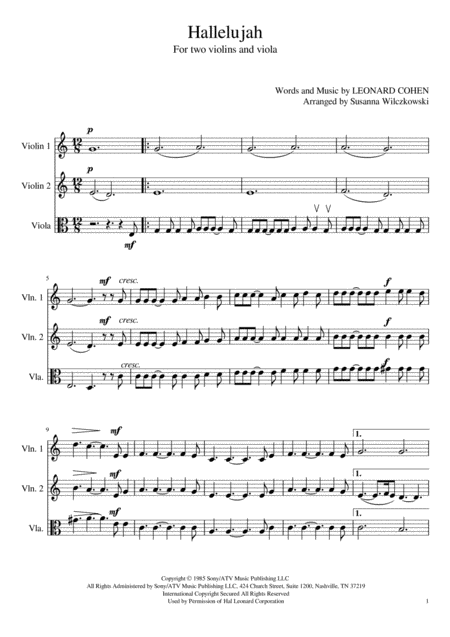 Hallelujah Two Violins And Viola Sheet Music