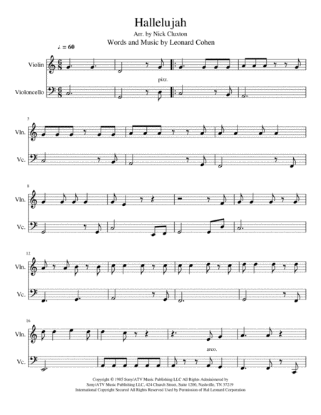 Hallelujah Violin Cello Duet Easy Sheet Music