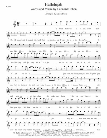 Hallelujah W Lyrics Flute Sheet Music