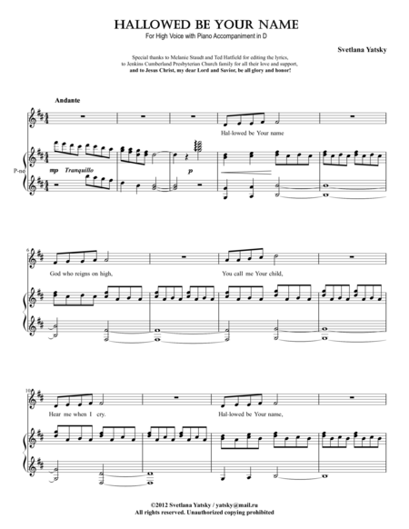 Free Sheet Music Hallowed Be Your Name In D