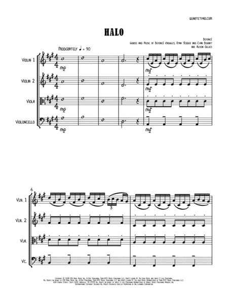 Halo Beyonc String Quartet Sheet Music