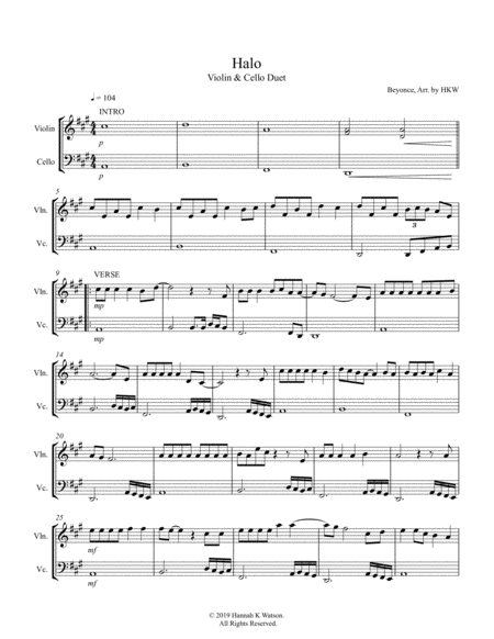 Halo Beyonce Violin Cello Duet Sheet Music