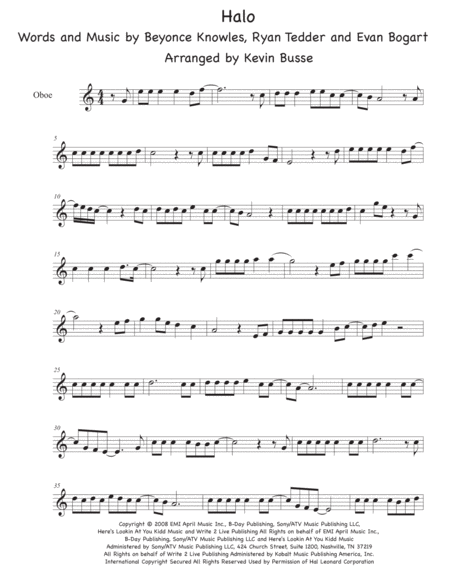 Halo Easy Key Of C Oboe Sheet Music