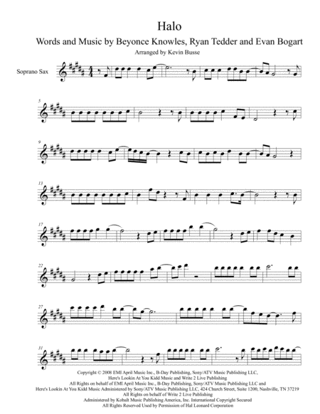 Halo Original Key Soprano Sax Sheet Music