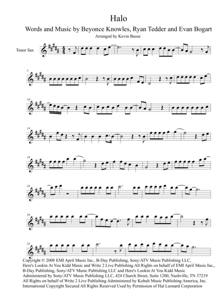 Free Sheet Music Halo Original Key Tenor Sax