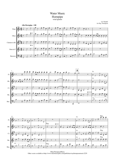 Handel 11 Alla Hornpipe From Suite No 1 In F The Water Music Wassermusik Wind Quintet Sheet Music