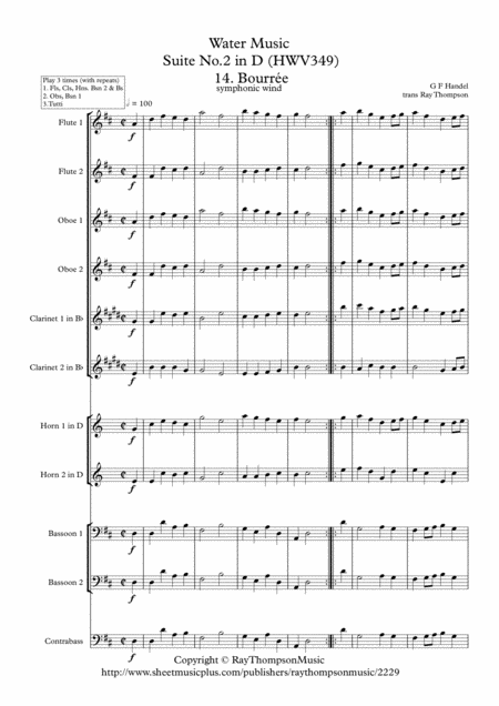 Free Sheet Music Handel 14 Bourre From Suite No 2 In D Hwv349 The Water Music Wassermusik Symphonic Wind Ensemble