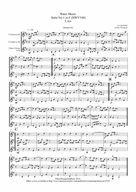 Handel 5 Air From Suite No 1 In F Hww348 The Water Music Wassermusik Clarinet Trio Sheet Music