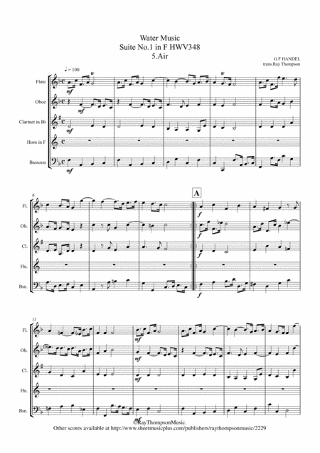 Handel 5 Air From Suite No 1 In F The Water Music Wassermusik Hwv348 Wind Quintet Sheet Music