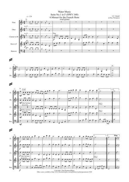 Free Sheet Music Handel 6 Minuet For The French Horn From Suite No 1 In F Hwv348 The Water Music Wassermusik Wind Quintet