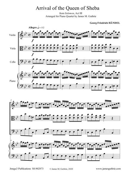 Handel Arrival Of The Queen Of Sheba For Piano Quartet Sheet Music