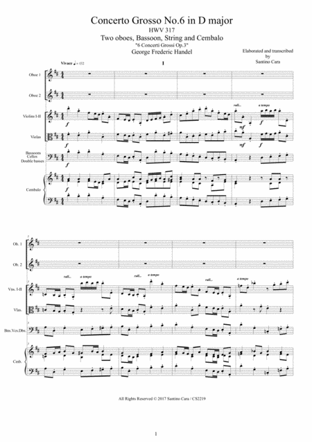 Handel Concerto Grosso In D Major No 6 Op 3 Hwv 317 For Winds Strings And Cembalo Score And Parts Sheet Music