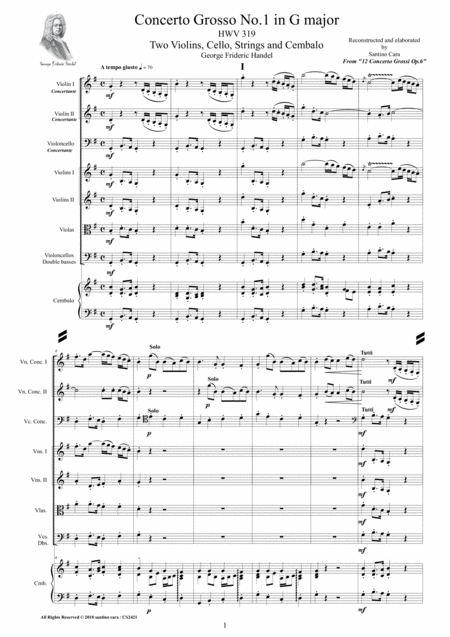 Handel Concerto Grosso No 1 In G Major Hwv 319 Op 6 For Two Violins Cello Strings And Cembalo Sheet Music