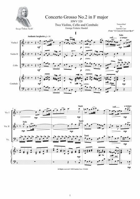 Handel Concerto Grosso No 2 In F Major Hwv 320 Op 6 For Two Violins Cello And Cembalo Sheet Music