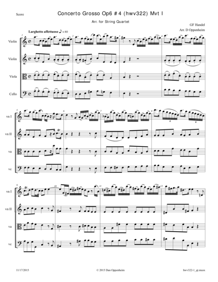 Free Sheet Music Handel Concerto Grosso Op 6 4 Hwv 322 Movement 1 Arr For String Quartet