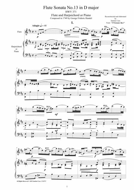 Handel Flute Sonata No 13 In D Major Op 1 Hwv 371 For Flute And Harpsichord Or Piano Sheet Music