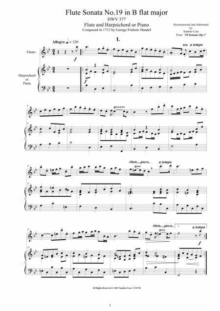 Handel Flute Sonata No 19 In B Flat Major Op 1 Hwv 377 For Flute And Harpsichord Or Piano Sheet Music