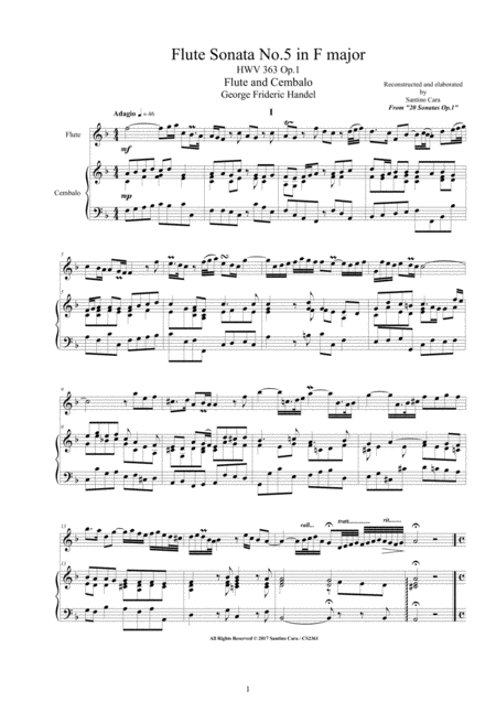 Free Sheet Music Handel Flute Sonata No 5 In F Major Hwv 363 Op 1 For Flute And Cembalo Or Piano