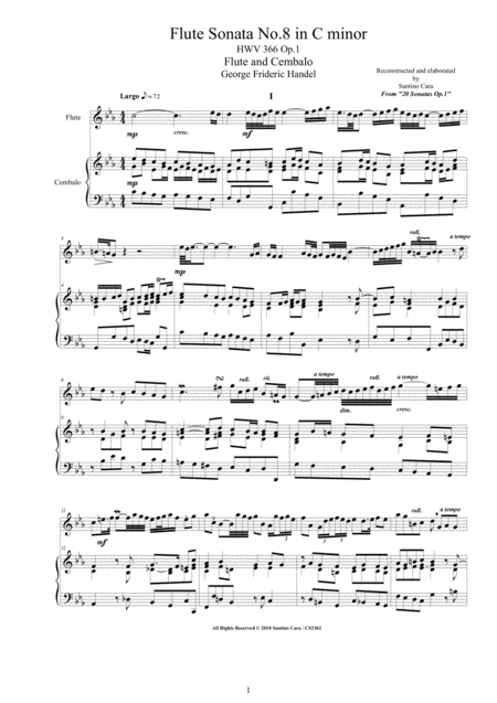 Free Sheet Music Handel Flute Sonata No 8 In C Minor Hwv 366 Op 1 For Flute And Cembalo Or Piano