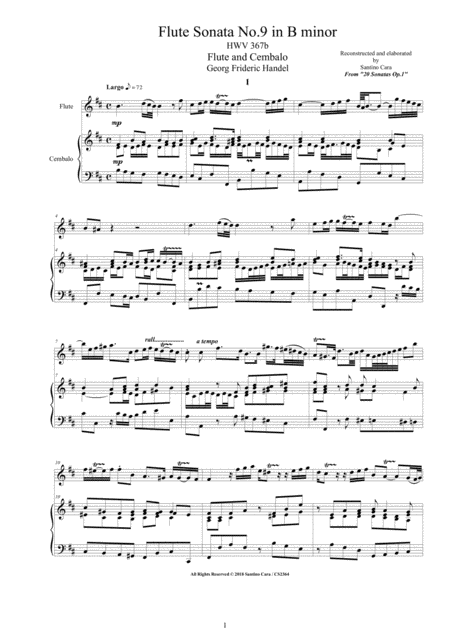 Handel Flute Sonata No 9 In B Minor Hwv 367b Op 1 For Flute And Cembalo Or Piano Sheet Music