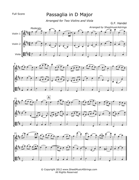 Free Sheet Music Handel G Passaglia For Two Violins And Viola