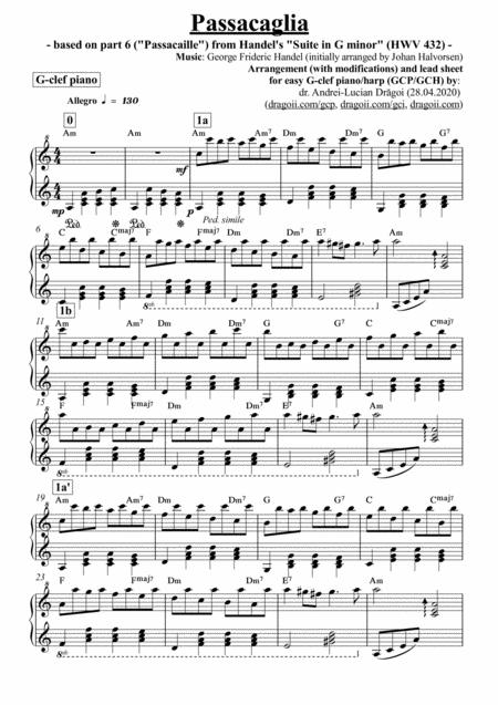 Handel Halvorsen Passacaglia Arrangement For Easy G Clef Piano Harp Gcp Gch Including Lead Sheet Sheet Music