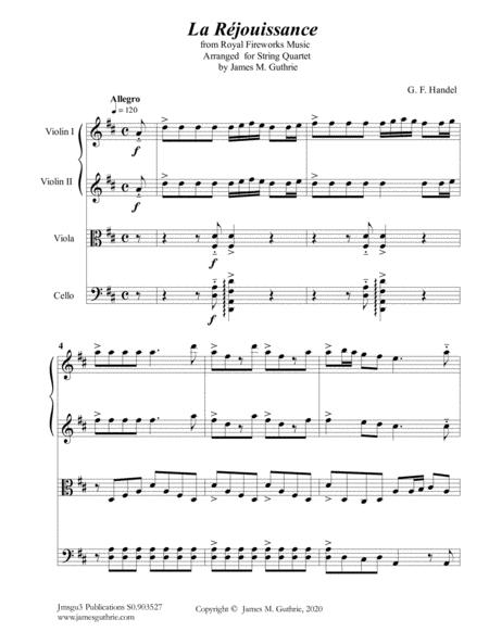 Handel La Rjouissance From Royal Fireworks Music For String Quartet Sheet Music