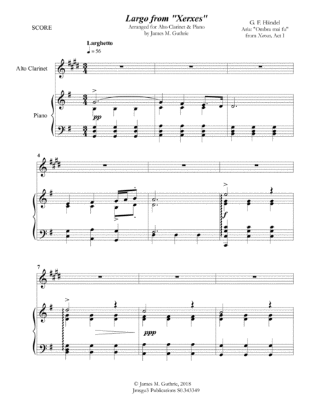 Handel Largo From Xerxes For Alto Clarinet Piano Sheet Music