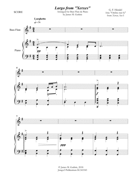 Handel Largo From Xerxes For Bass Flute Piano Sheet Music