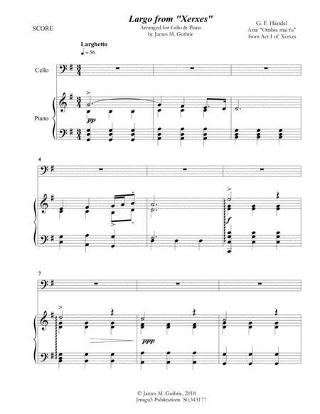 Handel Largo From Xerxes For Cello Piano Sheet Music