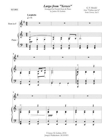 Handel Largo From Xerxes For French Horn Piano Sheet Music