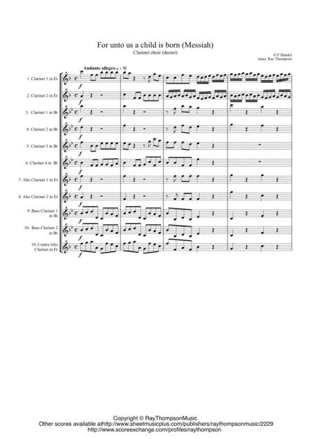 Free Sheet Music Handel Messiah For Unto Us A Child Is Born Clarinet Choir