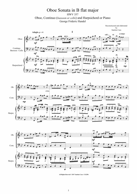 Handel Oboe Sonata In B Flat Hwv 357 For Oboe Continuo And Harpsichord Or Piano Sheet Music