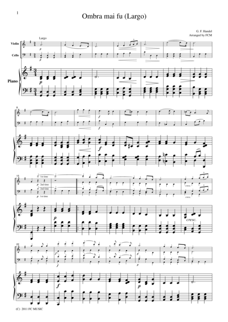 Free Sheet Music Handel Ombra Mai Fu Largo For Piano Trio Ph101