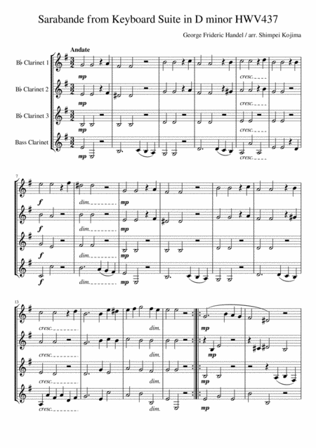 Free Sheet Music Handel Sarabande From Keyboard Suite In D Minor Hwv437 For Clarinet Quartet