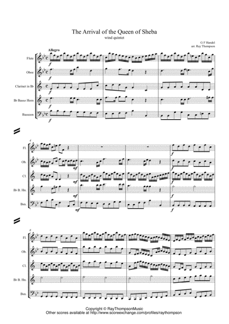 Handel Solomon Hwv67 Sinfonia The Arrival Of The Queen Of Sheba Arr Wind Quintet Sheet Music