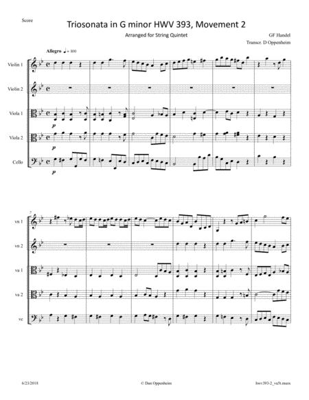 Handel Triosonata In G Minor Hwv 393 Movement 2 Allegro Arranged For 2 Violas String Quintet Sheet Music