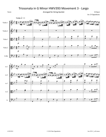 Free Sheet Music Handel Triosonata In G Minor Hwv 393 Movement 3 Largo Arranged For String Quintet