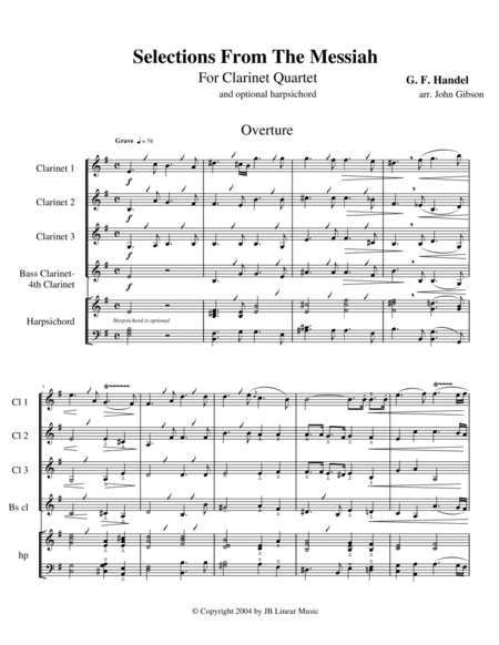 Free Sheet Music Handels Messiah Selections For Clarinet Quartet