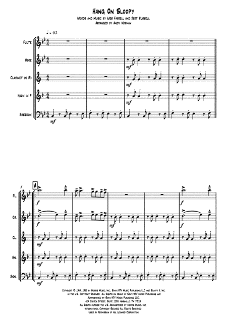 Free Sheet Music Hang On Sloopy Wind Quintet