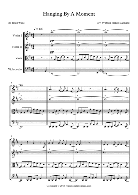 Hanging By A Moment String Quartet Sheet Music