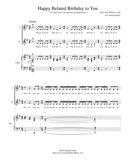 Happy Belated Birthday To You For 2 Part Choir With Optional Piano Accompaniment Sheet Music