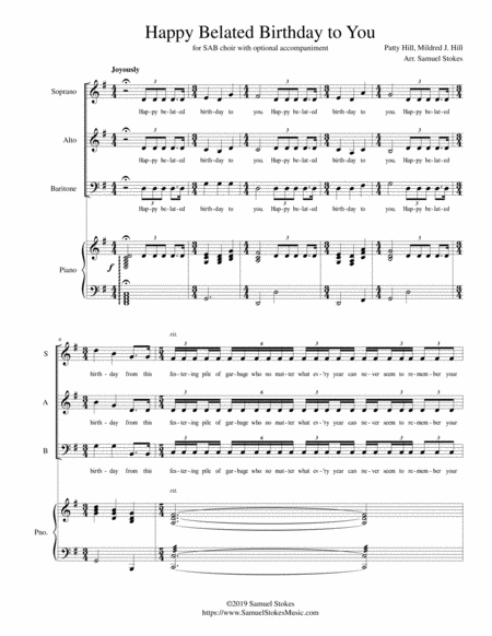 Happy Belated Birthday To You For Sab Choir With Optional Piano Accompaniment Sheet Music