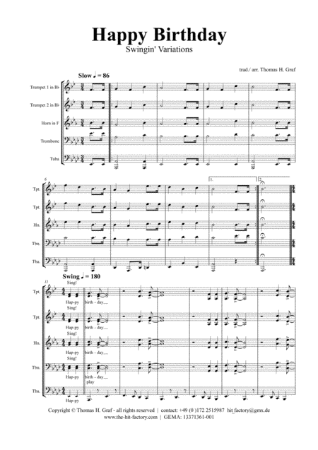 Happy Birthday Swingin Variations Brass Quintet Sheet Music