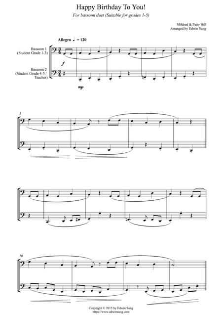 Happy Birthday To You For Bassoon Duet Suitable For Grades 1 5 Sheet Music