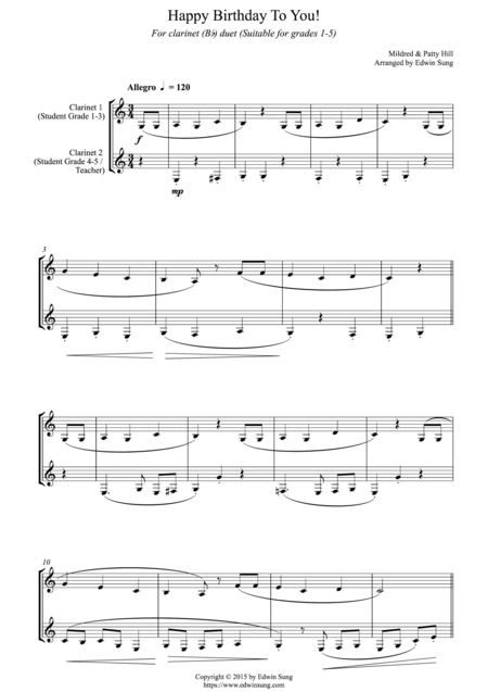 Happy Birthday To You For Clarinet Bb Duet Suitable For Grades 1 5 Sheet Music