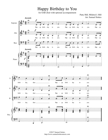 Happy Birthday To You For Sab Choir With Piano Accompaniment Sheet Music