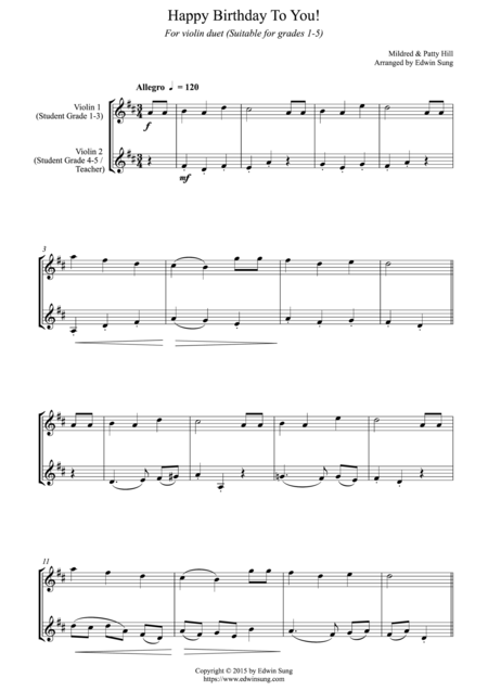 Free Sheet Music Happy Birthday To You For Violin Duet Suitable For Grades 1 5