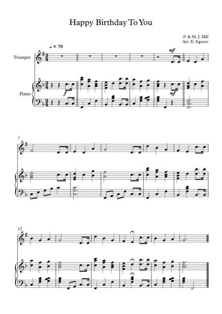 Free Sheet Music Happy Birthday To You Patty Mildred J Hill For Trumpet Piano