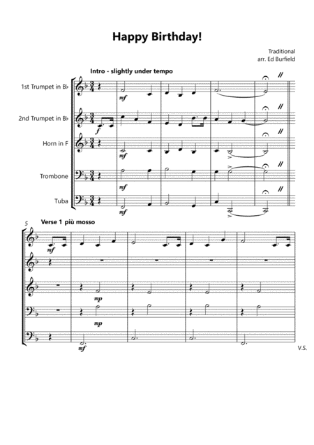 Happy Birthday With Variations For Brass Quintet Sheet Music